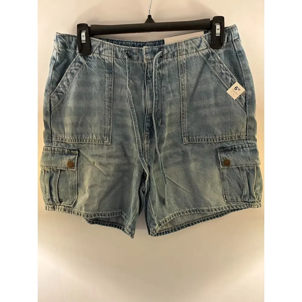 Arizona Jean Co Cargo Denim Shorts Womens 3 Blue Mid Rise Drawstring 6 In Casual